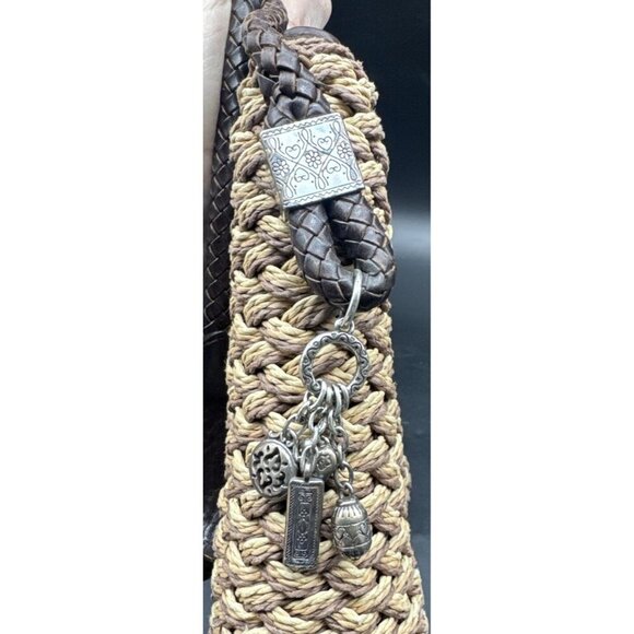 BRIGHTON Handbag Straw Crossbody Shoulder Purse Brown Leather Flower Lined Charm - Picture 8 of 16